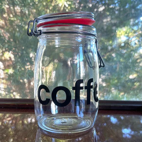 Vintage Glass Coffee Canister – Clamp Lid Jar with Red Seal – 7” Tall - Picture 1 of 10
